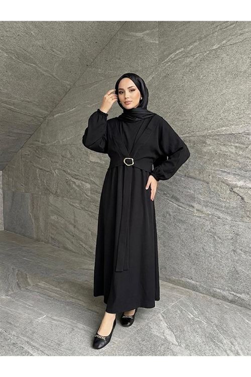 Önden Bağlamalı Aksesuar Detay İkili Elbise-Siyah