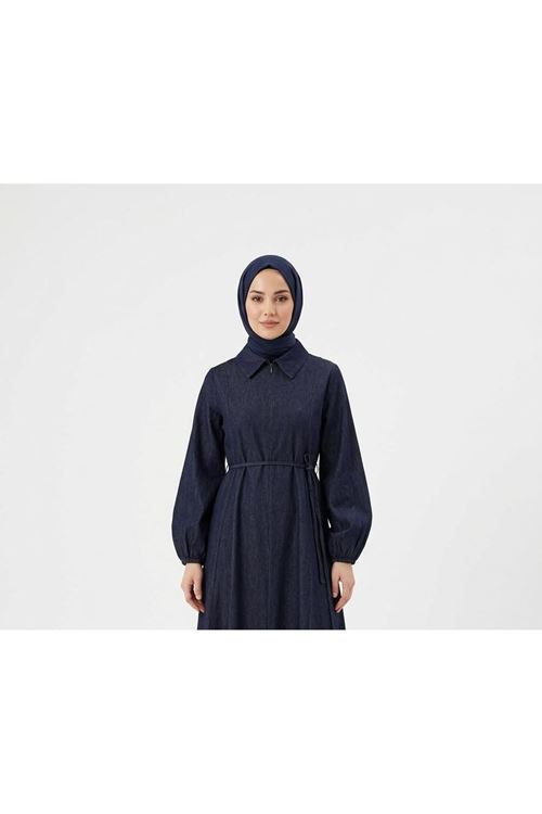 Yakalı Fermuar Detay Elbise-Lacivert