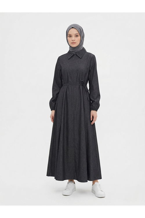 Yakalı Fermuar Detay Elbise-Siyah