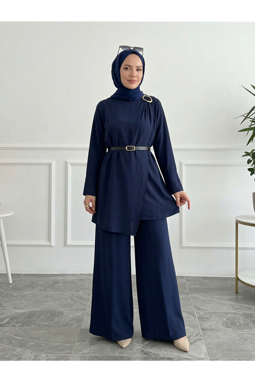 Omuz Aksesuar Pile DetayPantolonlu Takım-Lacivert