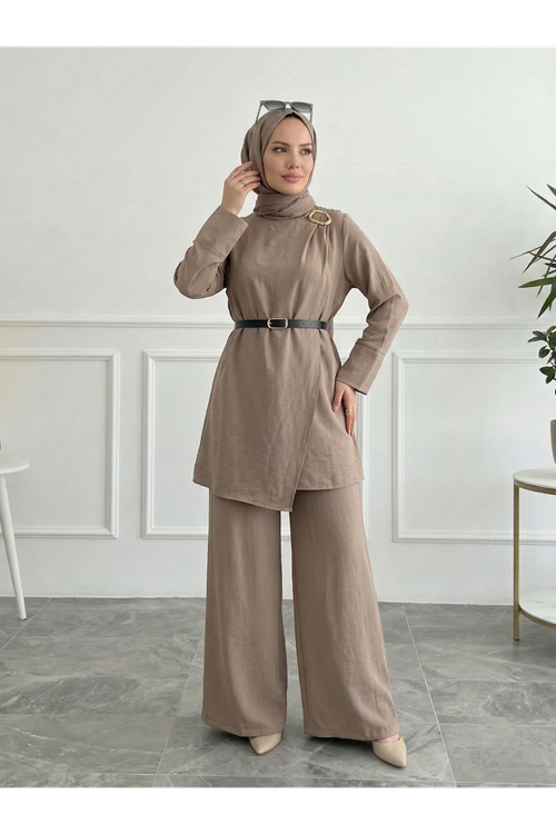 Omuz Aksesuar Pile DetayPantolonlu Takım-Vizon
