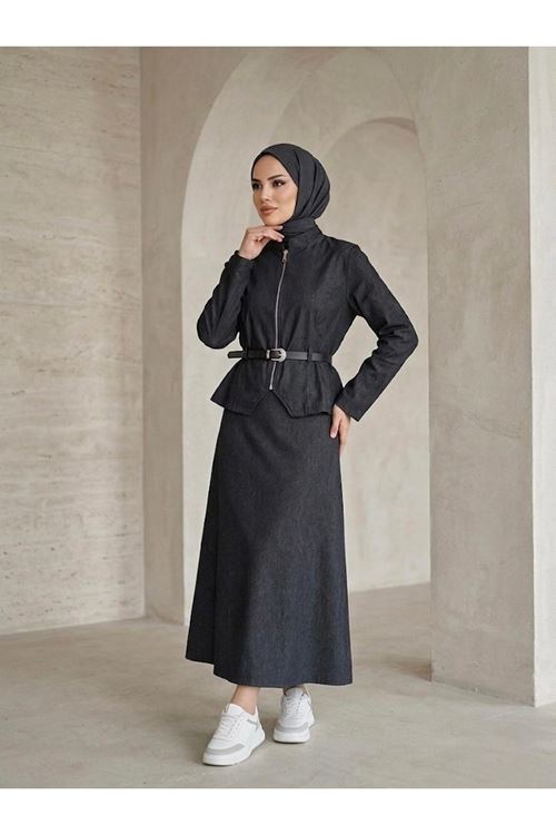 Fermuar Detay Etekli Takım-Siyah