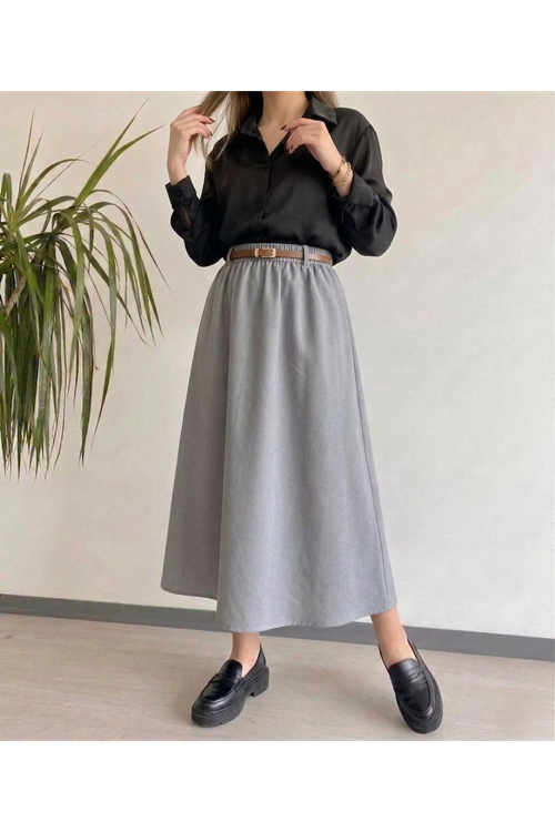 Kadın Gri Beli Lastikli Kemer Detay Terikoton Yazlık Trend Şık 90 CM Tesettür Etek