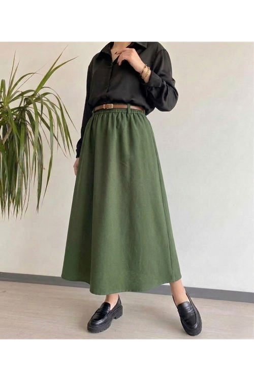 Kadın Haki Beli Lastikli Kemer Detay Terikoton Yazlık Trend Şık 90 CM Tesettür Etek