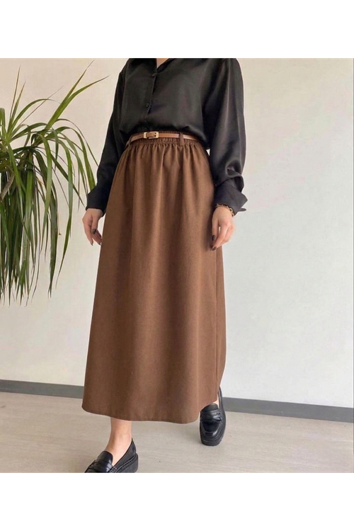 Kadın Kahverengi Beli Lastikli Kemer Detay Terikoton Yazlık Trend Şık 90 CM Tesettür Etek