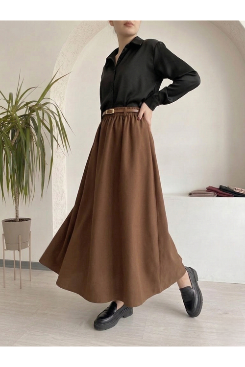 Kadın Kahverengi Beli Lastikli Kemer Detay Terikoton Yazlık Trend Şık 90 CM Tesettür Etek