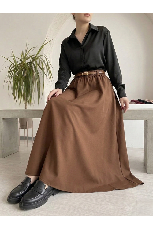 Kadın Kahverengi Beli Lastikli Kemer Detay Terikoton Yazlık Trend Şık 90 CM Tesettür Etek