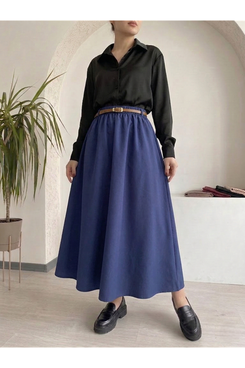 Kadın Lacivert Beli Lastikli Kemer Detay Terikoton Yazlık Trend Şık 90 CM Tesettür Etek