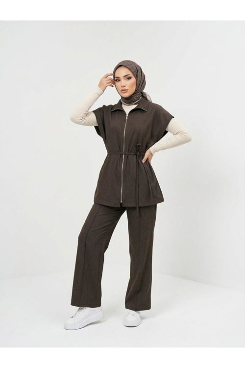 Yelek Fermuar Detay Pantolon Çımalı Takım-Kahve