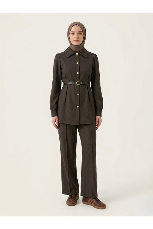Ön Arka Pensli Pantolonlu Takım-Kahve