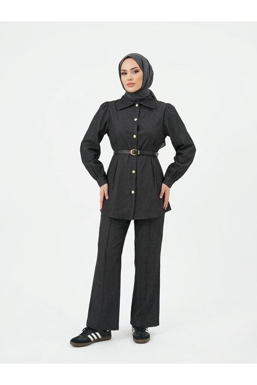 Ön Arka Pensli Pantolonlu Takım-Siyah