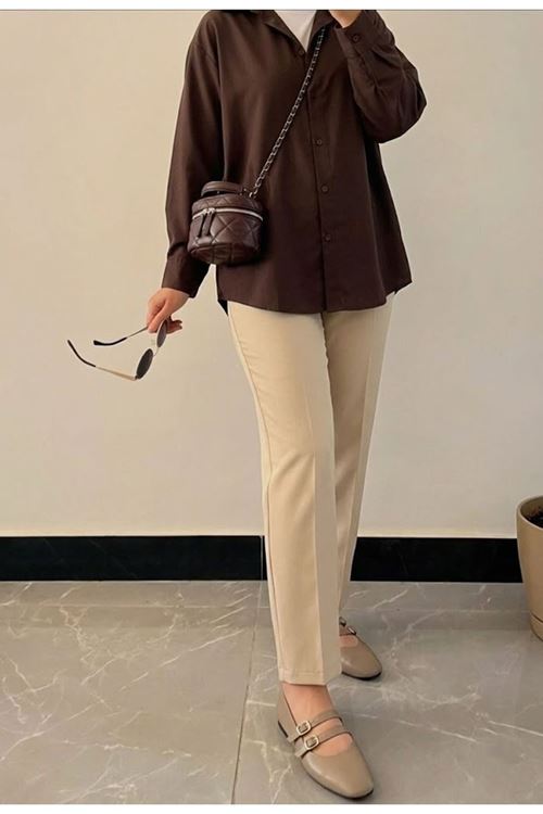 Bel Lastik Düz Paça Pantolon-Taş