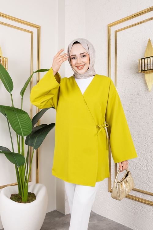 Yan Bağlamalı Atlas Tunik-YAĞ YEŞİLİ