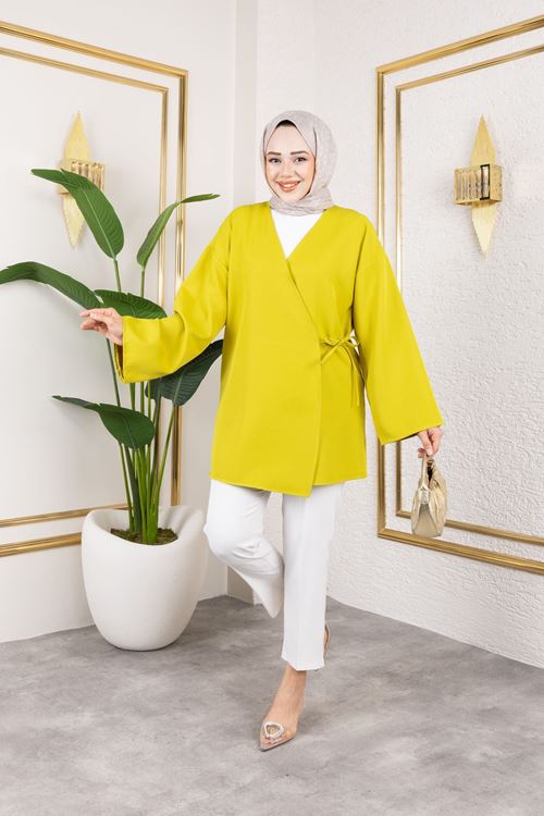 Yan Bağlamalı Atlas Tunik-YAĞ YEŞİLİ