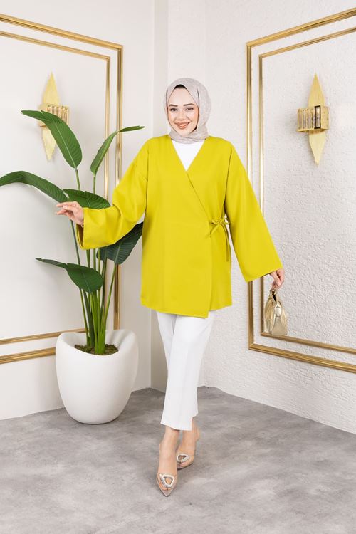 Yan Bağlamalı Atlas Tunik-YAĞ YEŞİLİ