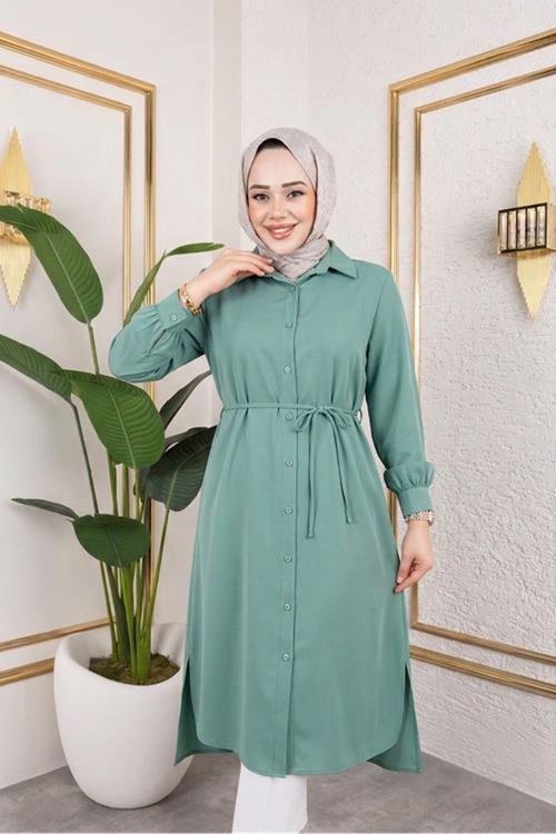 Kadın Yırtmaç Detaylı Kuşaklı Gömlek Yaka Boydan Düğmeli 120 CM Uzun Tesettür Tunik Mint