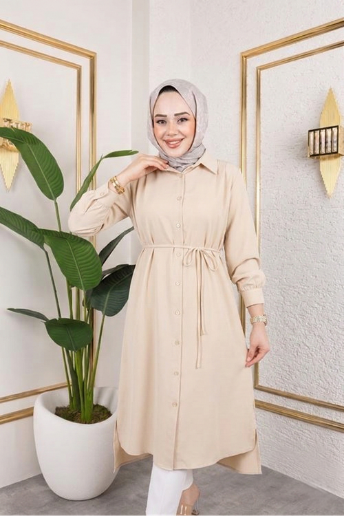 Kadın Yırtmaç Detaylı Kuşaklı Gömlek Yaka Boydan Düğmeli Uzıun Tesettür Tunik-Taş