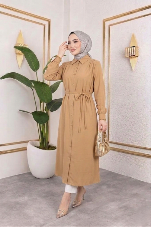 Arka Roba Omuz Pile Uzun Tunik-Karamel