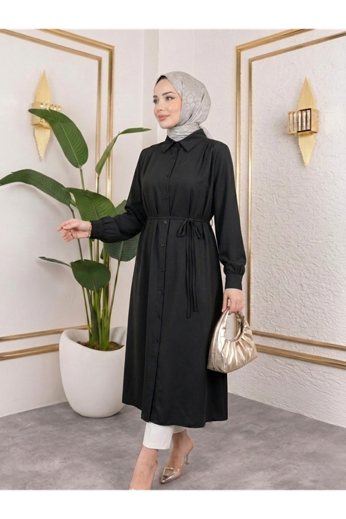 Arka Roba Omuz Pile Uzun Tunik-Siyah