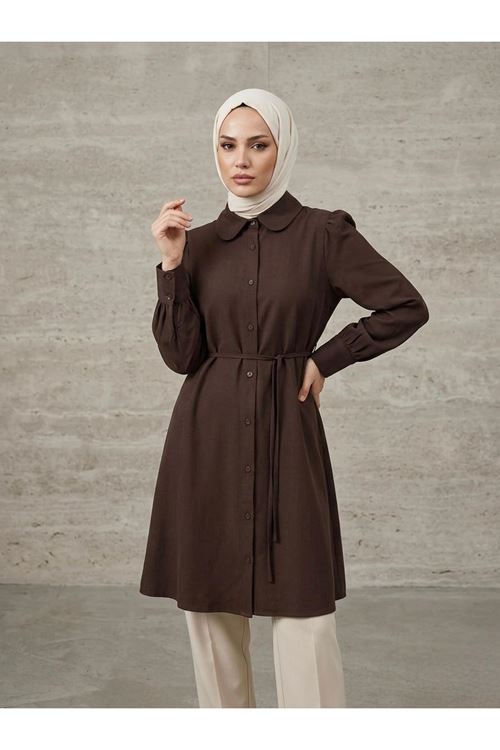 Bebe Yaka Omuz Kol Büzgülü Tunik-Kahve