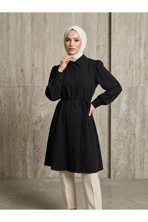 Bebe Yaka Omuz Kol Büzgülü Tunik-Siyah