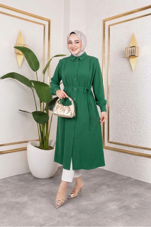 Arka Roba Omuz Pile Uzun Tunik-Zümrüt Yeşili
