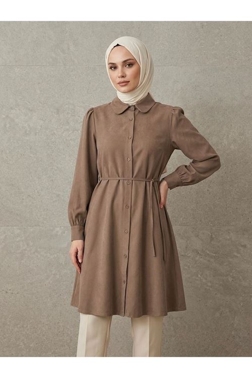 Bebe Yaka Omuz Kol Büzgülü Tunik-Vizon