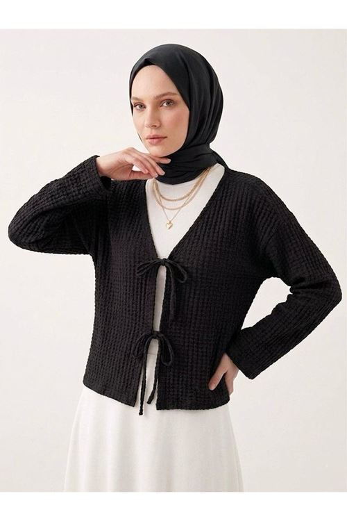 Ön Bağlamalı Örme Tunik-Siyah