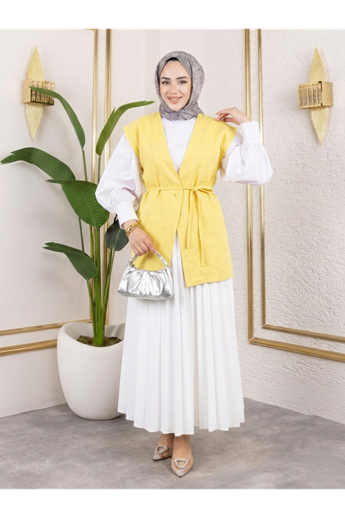 Tek Düğme Keten Yelek-Sarı