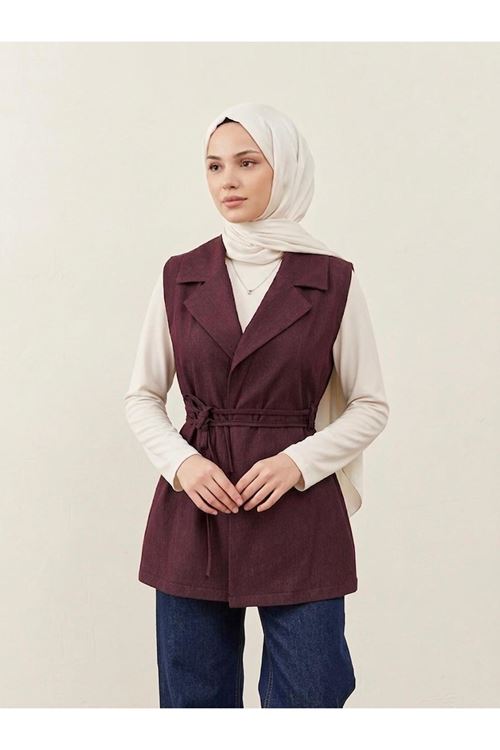 Yaka Detay Yelek-Bordo