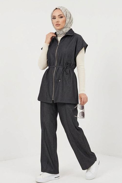 Yelek Fermuar Detay Pantolon Çımalı Takım-Siyah
