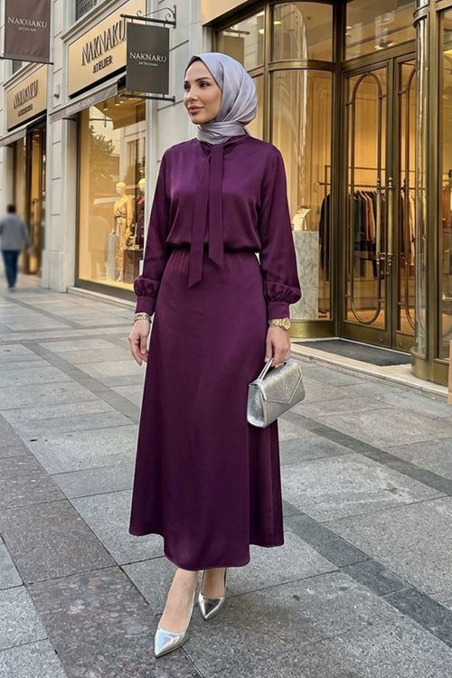 Yaka Bağlamalı Saten Etekli Takım-Mürdüm