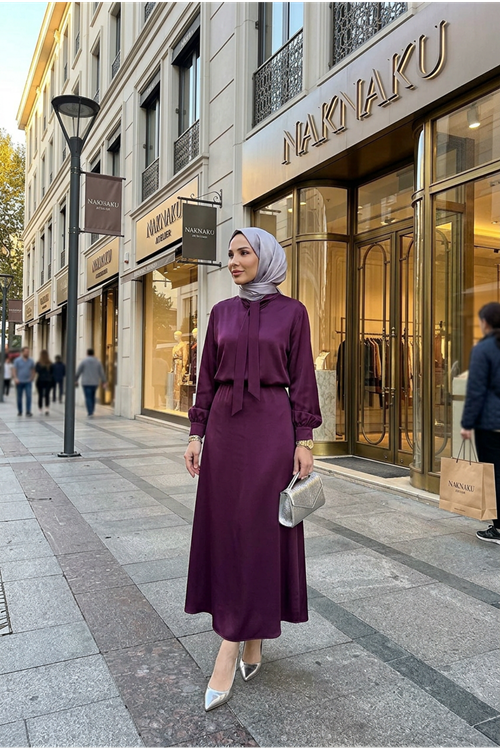 Yaka Bağlamalı Saten Etekli Takım-Mürdüm
