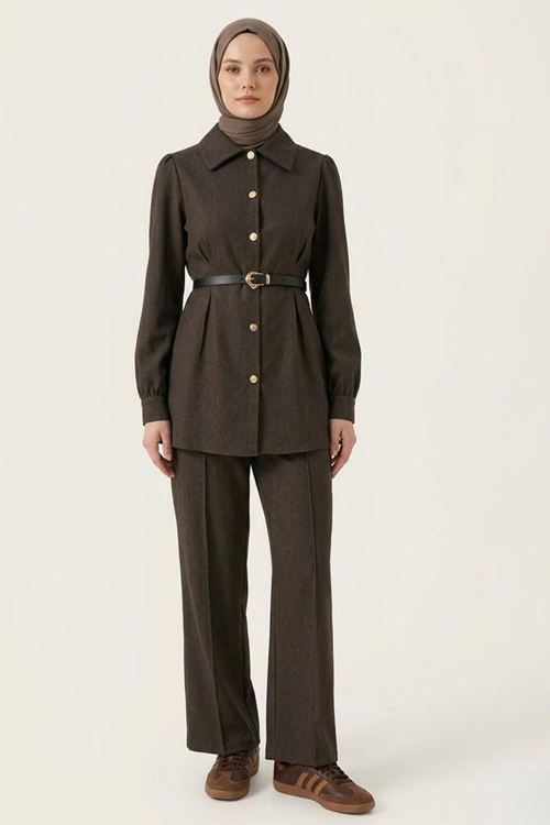 Ön Arka Pensli Pantolonlu Takım-Kahve