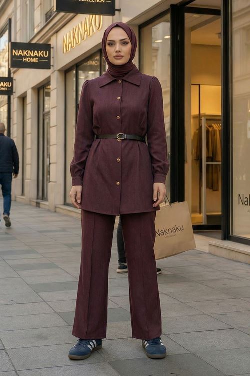 Ön Arka Pensli Pantolonlu Takım-Bordo