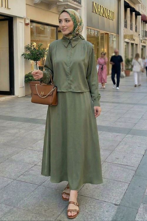 Omuz Pile Detay Saten Etekli Takım-Haki