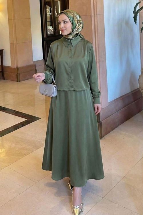 Omuz Pile Detay Saten Etekli Takım-Haki