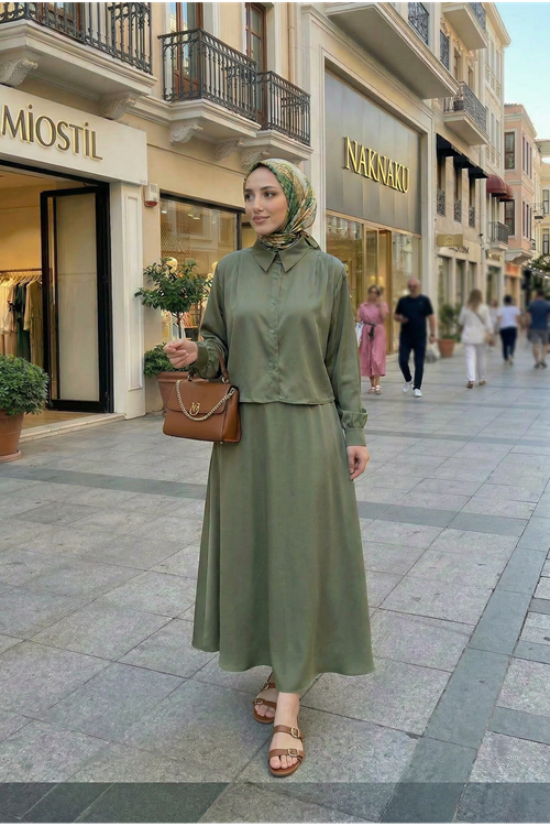 Omuz Pile Detay Saten Etekli Takım-Haki