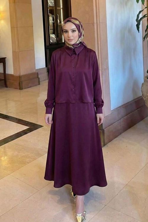 Omuz Pile Detay Saten Etekli Takım-Mürdüm