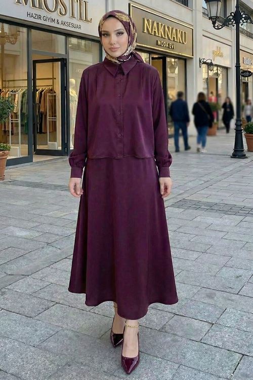 Omuz Pile Detay Saten Etekli Takım-Mürdüm