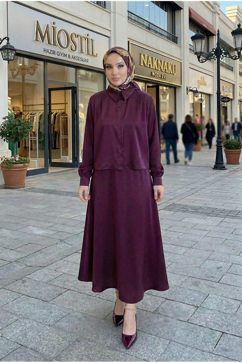 Omuz Pile Detay Saten Etekli Takım-Mürdüm