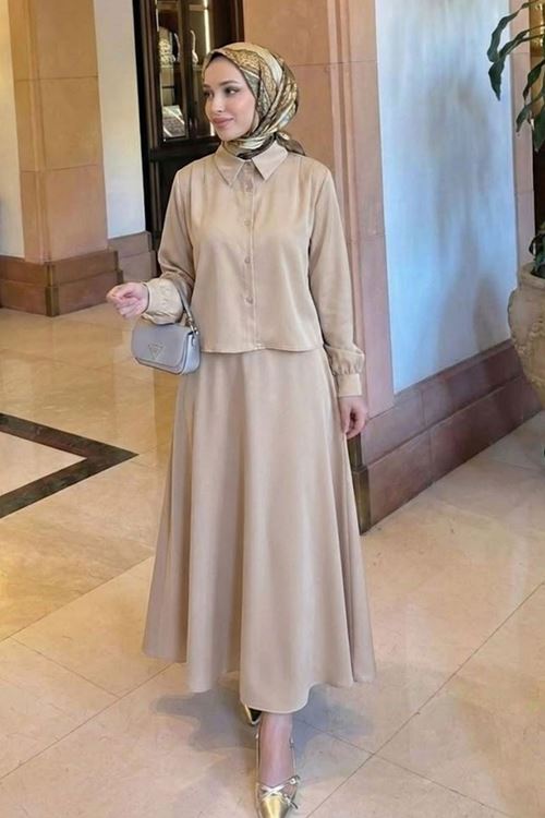 Omuz Pile Detay Saten Etekli Takım-Taş