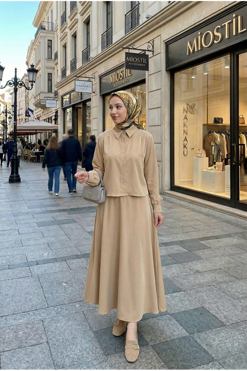 Omuz Pile Detay Saten Etekli Takım-Taş