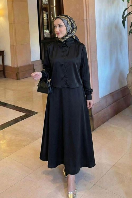 Omuz Pile Detay Saten Etekli Takım-Siyah