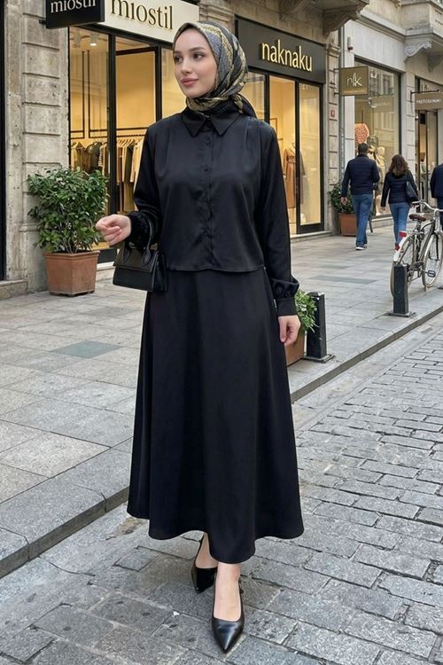 Omuz Pile Detay Saten Etekli Takım-Siyah
