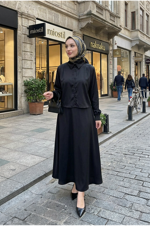 Omuz Pile Detay Saten Etekli Takım-Siyah