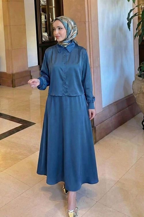 Omuz Pile Detay Saten Etekli Takım-Petrol Mavisi