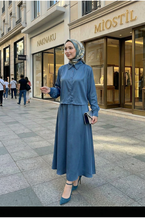 Omuz Pile Detay Saten Etekli Takım-Petrol Mavisi