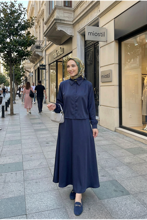 Omuz Pile Detay Saten Etekli Takım-Lacivert