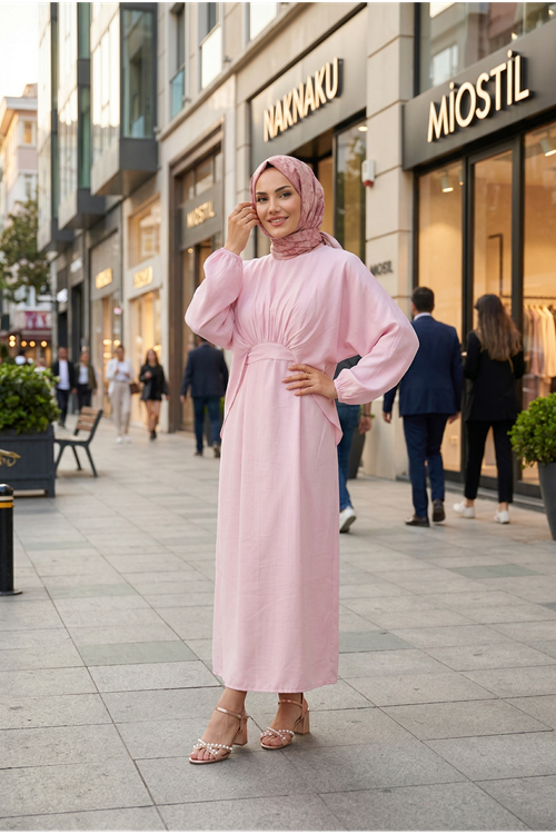 Bağlamalı İkili Elbise-Pembe